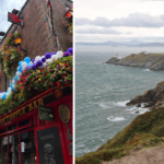 Fotocollage aus Irland mit beeindruckender Steilküste, traditionellem Pub in Dublin, Mitarbeiterin bei einer Küstenwanderung und historischem Gebäude.