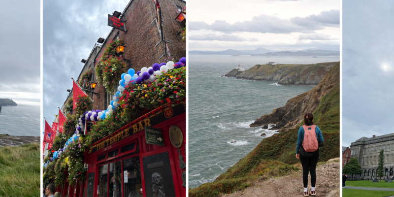 Fotocollage aus Irland mit beeindruckender Steilküste, traditionellem Pub in Dublin, Mitarbeiterin bei einer Küstenwanderung und historischem Gebäude.